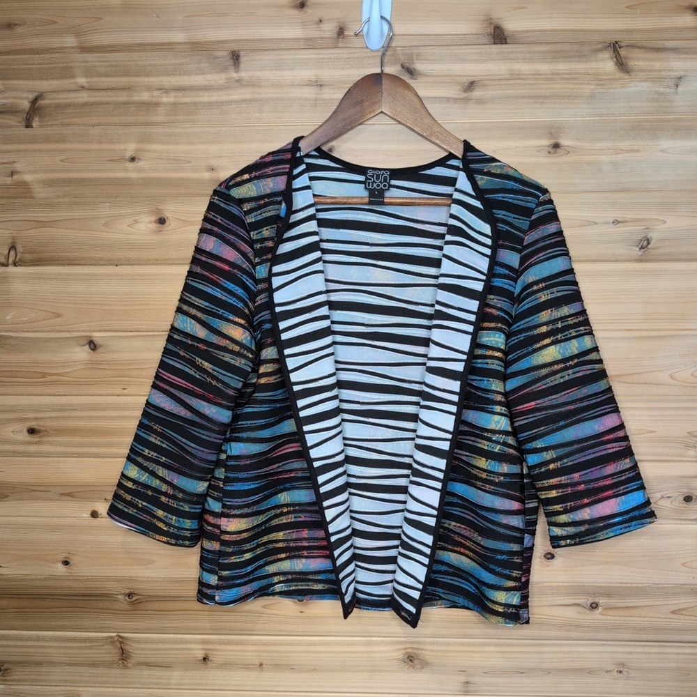 Clara Sunwoo Multi Color Abstract Stripe Textured Open Front Cardigan Large USA